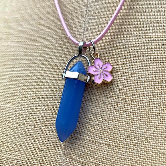 Hand Crafted Jewelry - Handmade Periwinkle Crystal Amulet Necklace & Cherry Blossom 🌸 Flower Charm